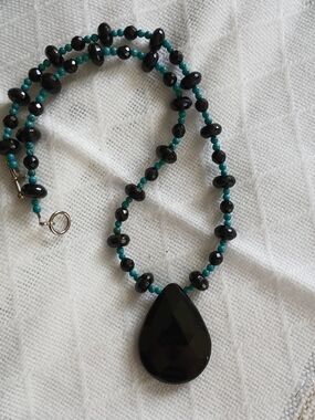 Onyx Pendant & Faceted Onyx Beads & Round Turquoise Bead Necklace